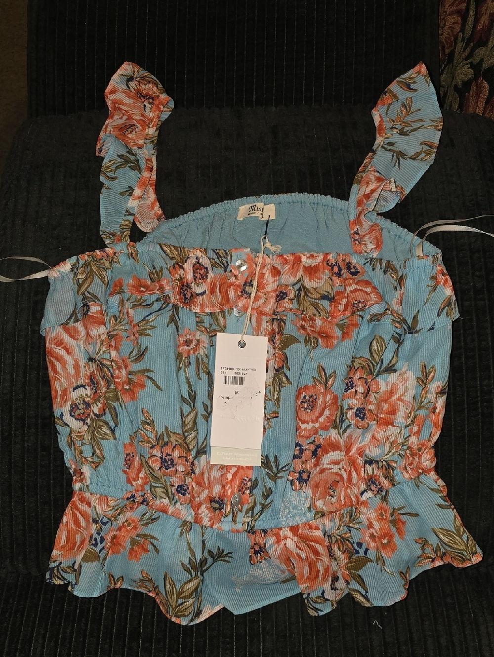 Floral Ruffled Smocked Blue Tank Top